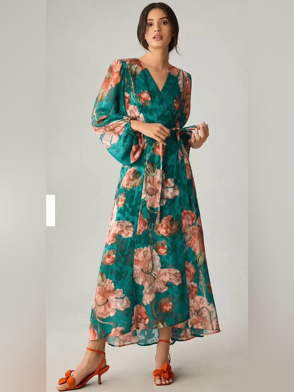 Hutch Floral Filcoupé Wrap Maxi Dress Teal Pink Small